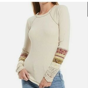 Free People Womens Cream Long Sleeve Linen Combo Sweater Top Size S NWT
